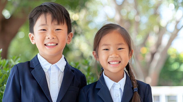 cute little chinese children dressed in formal private school uniforms, privilege family and education