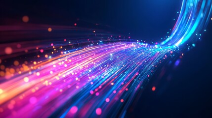 Obraz premium A vibrant light display on a dark blue background, showcasing speed waves and bright glows, symbolizing fast digital data transfer through fiber optic technology.