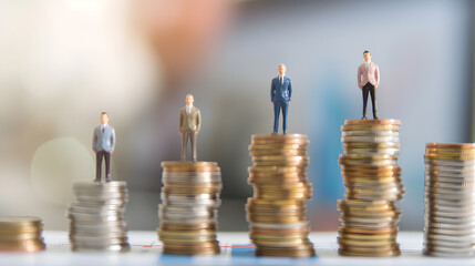 Miniature Businessmen Standing on Stack of Coins | Symbolising Financial Growth, Investment, and Corporate Success