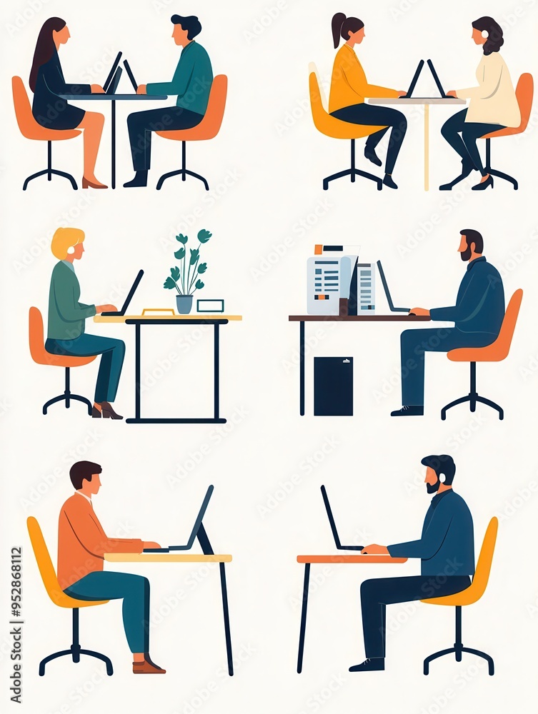 Poster A variety of people are focused on their computer screens while sitting at desks in a modern workspace, engaging in different tasks. Generative AI