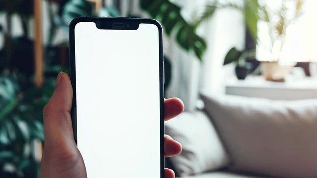 Pov hand holding smartphone with blank white screen in living room at home - communication concept