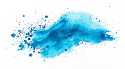 Azure PNG watercolor wash illustration. A vibrant blue watercolor splash on white canvas. Deep cerulean hues bleed outwards, their intensity gradually softening into wispy, cloud-like shapes