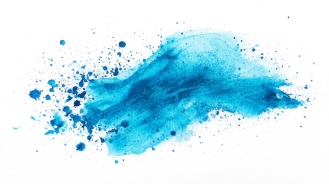 Azure PNG watercolor wash illustration. A vibrant blue watercolor splash on white canvas. Deep cerulean hues bleed outwards, their intensity gradually softening into wispy, cloud-like shapes