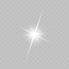 Bright star with small central glow and long sparkling rays. Exploding star shines with beautiful white light. Vector illustration