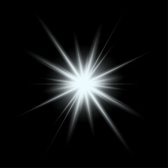 Vector transparent sunlight lens flare light effect. Exploding star shines with beautiful white light on a real black background. Vector stock illustration