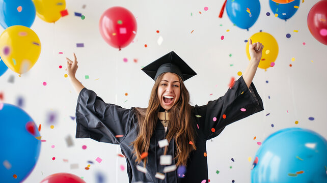 Mujer Gradu&aacute;ndose Rodeada de Globos y Confeti