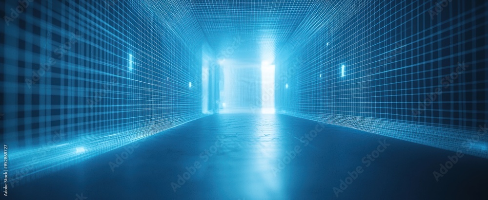 Poster blue neon grid illuminated corridor