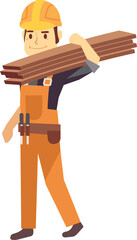 Construction worker carry wooden planks cartoon character