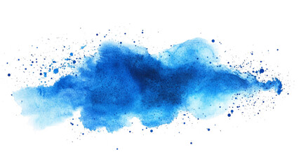 Fototapeta premium Azure PNG watercolor wash illustration. A vibrant blue watercolor splash on white canvas. Deep cerulean hues bleed outwards, their intensity gradually softening into wispy, cloud-like shapes