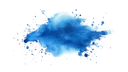 Azure PNG watercolor wash illustration. A vibrant blue watercolor splash on white canvas. Deep cerulean hues bleed outwards, their intensity gradually softening into wispy, cloud-like shapes