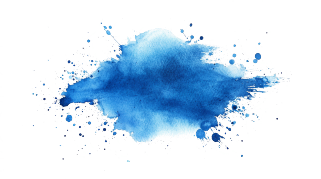 Azure PNG watercolor wash illustration. A vibrant blue watercolor splash on white canvas. Deep cerulean hues bleed outwards, their intensity gradually softening into wispy, cloud-like shapes