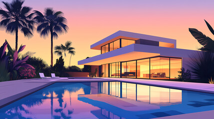 Fototapeta premium Modern luxury villa with swimming pool at sunset, contemporary tropical mansion architecture, elegant poolside retreat with palm trees