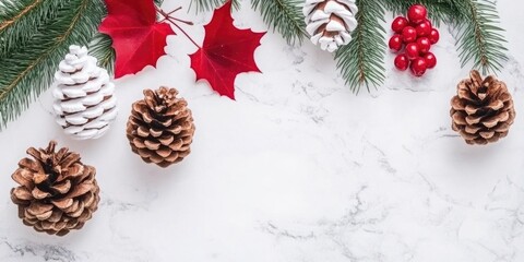 Festive Winter Background with Pine Cones, Evergreen Branches, and Red Leaves on Marble Texture