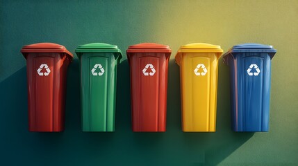 Four outdoor recycling bins in bold colors with recycling symbols