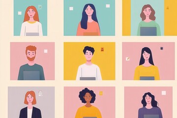 A diverse group of individuals engaged in a virtual meeting from home, each in unique environments, using computers to connect. Generative AI