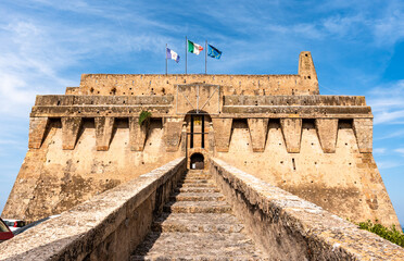 Front view of Spanish Fortress, coastal fortification built in late 16th century in Porto Santo Stefano, along Monte Argentario coast, province of Gross