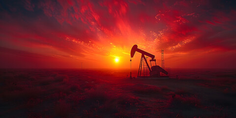 Oil Gas Pump Jack Silhouette Against Fiery Sunset | Dramatic Industrial Scene of Energy Production at Dusk