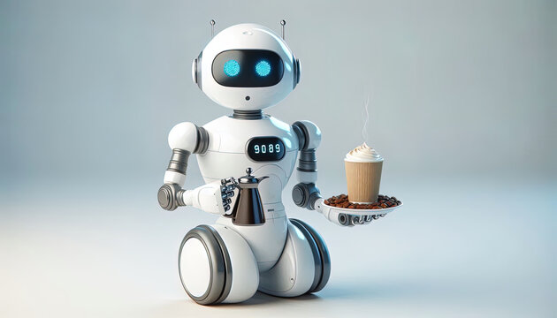 Friendly robot serving a hot beverage with a smile.