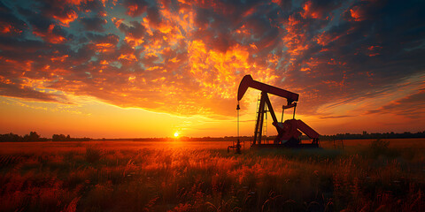 Oil Gas Pump Jack Silhouette Against Fiery Sunset | Dramatic Industrial Scene of Energy Production at Dusk