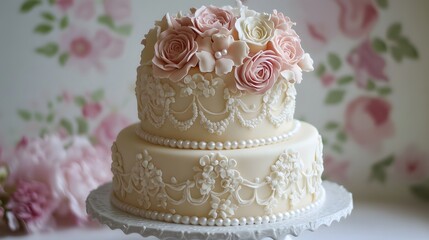 Elegant two-tiered wedding cake adorned with pink and white sugar flowers and intricate icing details