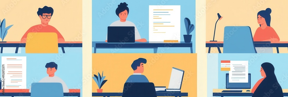 Fototapete Groups of people are focused on their computers in a colorful office, surrounded by plants and papers, collaborating on various tasks. Generative AI