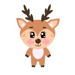 Cute kawaii christmas deer in full length or height isolated on white background. Vector flat illustration for children, kids	