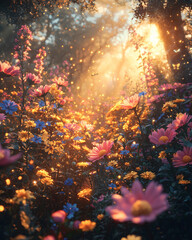 Fototapeta premium glowing, field, vibrant, flowers, golden, sunlight, magical, particles, tranquil, forest, nature, landscape, flora, outdoors, beauty, peaceful, calm, colorful, bloom, wildflowers, enchanting, serene, 