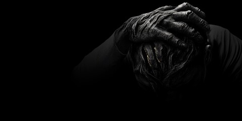 Dark Artistic Portrait of a Distressed Person with Hands Covering a Textured Face