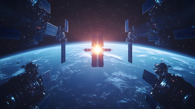 Lunar base with illuminated structures on a dark alien landscape