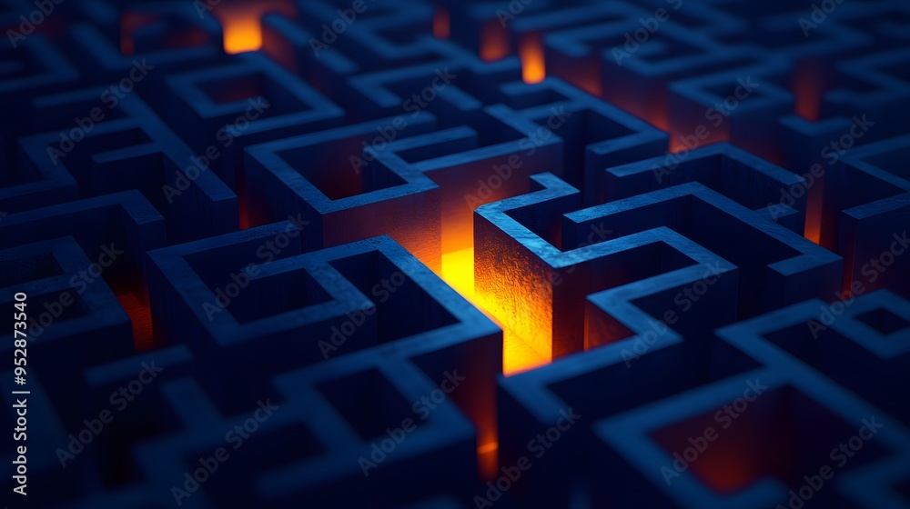 Wall mural digital artwork showing an illuminated path winding through a dark, geometric labyrinth, maze path