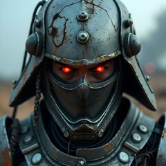 Fototapeta premium A close-up of a battle-scarred cyber-samurai leader with a stern expression.