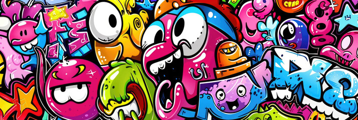 A vibrant mural showcases cartoonish characters and colorful designs, brightening up the urban landscape