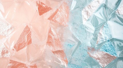 Abstract background with geometric shapes forming a transparent surface with a metallic effect in blue and pink pastel colors