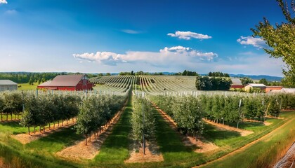 Fototapeta premium Apple Orchard Panorama - panoramic view of a sprawling apple orchard in a rural agricultural setting. Graphic art illustration hyper realistic image