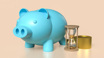 The blue piggy bank and sand clock for Business concept 3d rendering.