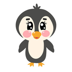 Cute kawaii little penguin full length for kids. Vector flat illustration for children, kids