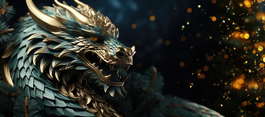 Fototapeta premium A beautifully crafted dragon sculpture displays intricate detailing, surrounded by dark foliage and shimmering sparkles in the background