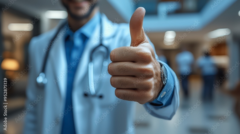 Wall mural A doctor in a white coat with a stethoscope gives a thumbs up in the background of the clinic