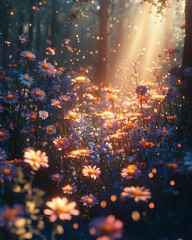Fototapeta premium magical moment in nature with glowing wildflowers and golden light creating a serene and peaceful view