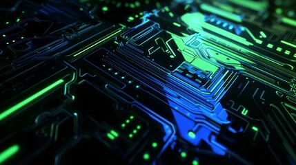 Fototapeta premium Abstract close-up of a futuristic circuit board, with glowing green and blue lights, creating a sense of advanced technology and innovation