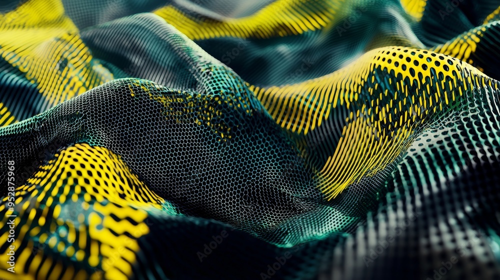 Poster abstract yellow and green particles surface is moving and transforming, creating a futuristic backgr
