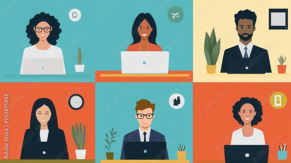 Poster A group of people participates in a virtual meeting, each working on their laptops in comfortable home settings with plants. Generative AI