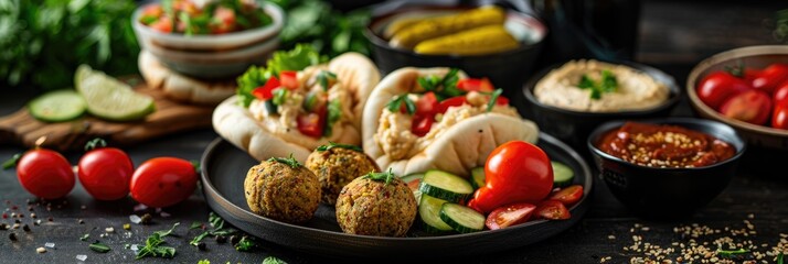 Food styling showcasing ultra-realistic mini pitas stuffed with falafel, hummus, and pickles in a dynamic and appealing arrangement.