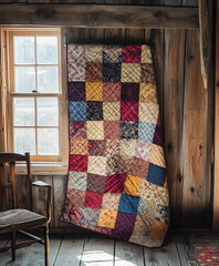 quilted wall hanging displayed in a rustic farmhouse interior