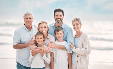 Hug, generations and portrait with family on beach for holiday, travel or vacation. Happy, smile or...
