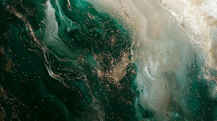 Fototapeta premium Luxurious green and gold fluid art painting with glitter, swirls, and patterns, perfect for stylish celebrations. Trendy and eye-catching background for cards, banners, and posters