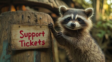 Raccoon stands upright, holding a wooden sign that reads Support