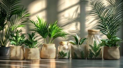 Obraz premium Image shows several potted plants in woven baskets arranged in a line, with sunlight streaming through the background
