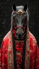 Obraz premium Black horse is adorned in an ornate red and gold fabric with intricate designs, standing in falling snow