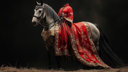 Majestic horse adorned in ornate armor and a vibrant red, gold-embroidered cape stands against a dark background